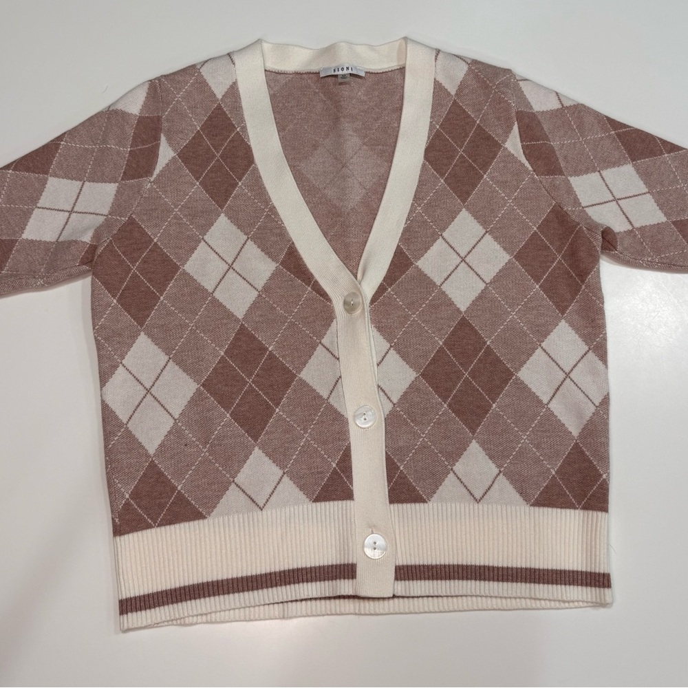 Sioni Argyle Patterned Cardigan Sweater - Brown/mauve and Cream